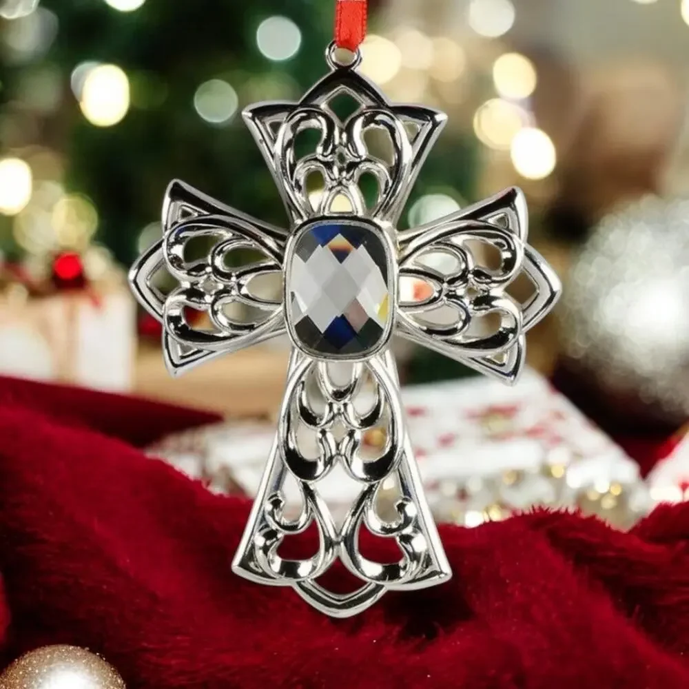 Lenox Gemmed Bejeweled Cross Ornament Crystal Center Silverplate Housewarming